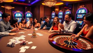 Experience high-stakes gaming at the F8 BET casino, featuring vibrant tables and exciting slot machines.