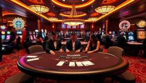 Exciting poker action at Vua99 casino tables with elegant dealers and vibrant slots.