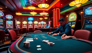 Experience the excitement of the Hi88 App at a luxurious casino with engaging poker players and vibrant slot machines.