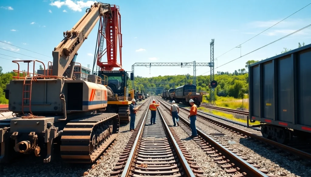 Railroad construction crew laying tracks with machinery on a clear day.
