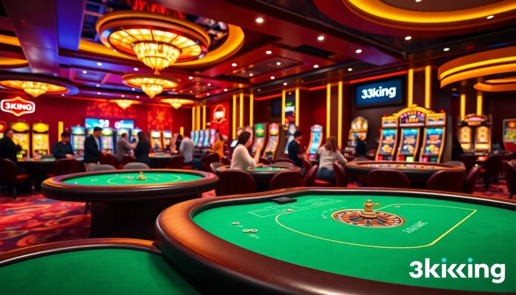 Experience thrilling gameplay at 3king's luxurious casino floor, featuring poker tables and slot machines.