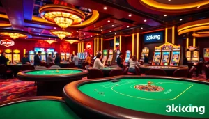 Experience thrilling gameplay at 3king's luxurious casino floor, featuring poker tables and slot machines.