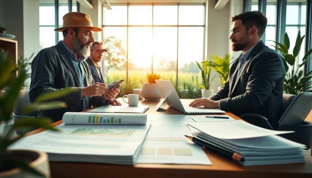 Discussing agriculture law in a modern office setting with farmers and legal documents.