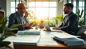 Discussing agriculture law in a modern office setting with farmers and legal documents.