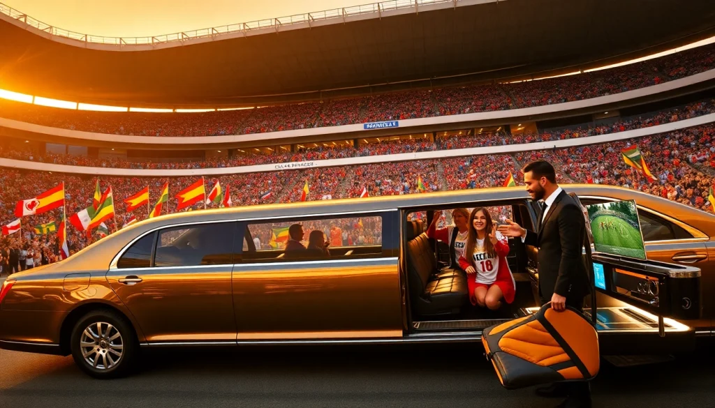 World Cup Group Transportation featuring a luxurious limousine with fans boarding, symbolizing high-end travel to the event.