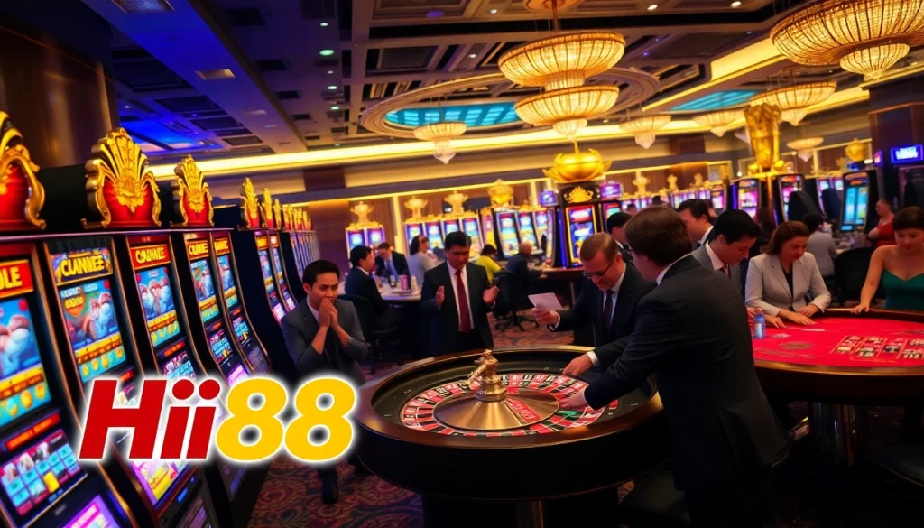 Hi88 gamblers enjoying high-stakes excitement at a luxurious casino with vibrant slot machines.