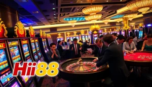 Hi88 gamblers enjoying high-stakes excitement at a luxurious casino with vibrant slot machines.