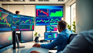 Monitor displaying hotforex mt4 trading platform with financial data surrounded by trading activity.