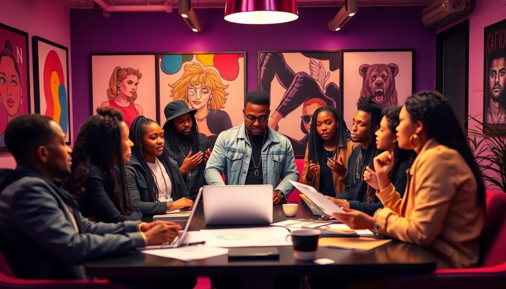 Hip hop publicist engaging with artists in a vibrant PR strategy meeting