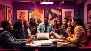 Hip hop publicist engaging with artists in a vibrant PR strategy meeting