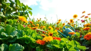 Gardening in a vibrant garden with healthy vegetables and colorful flowers, showcasing growth and life.