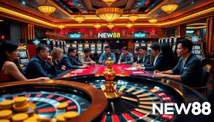 Players enjoying a thrilling game at NEW88 Trang chủ casino, with vibrant tables and exciting roulette.