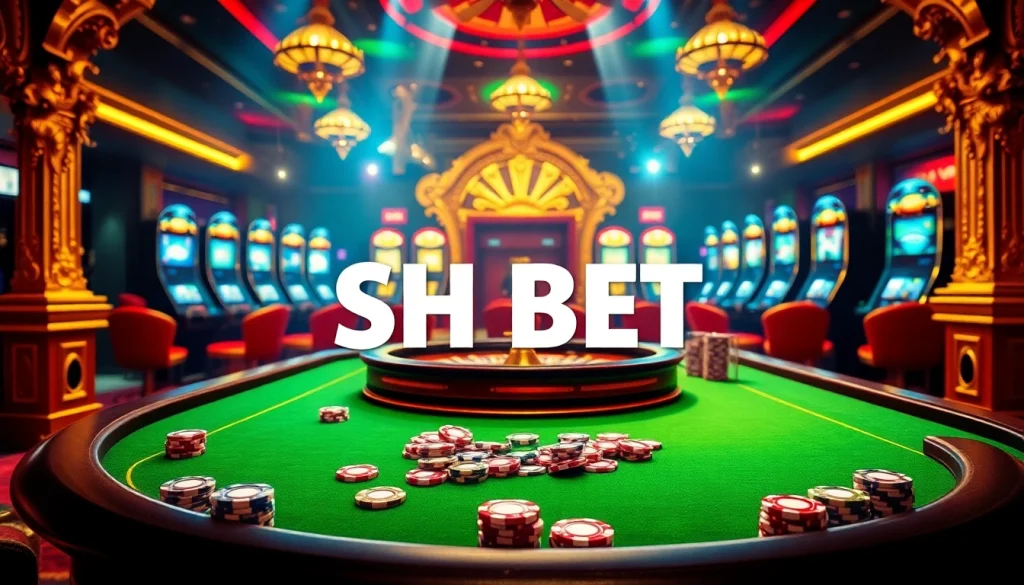 Experience the thrill of SHBET with a luxurious casino scene featuring poker chips and a roulette wheel.