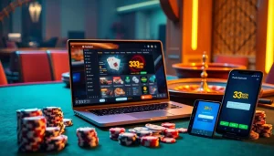 Engage with excitement as you log in to 33win, revealing an inviting online gambling experience filled with poker chips and roulette wheels.