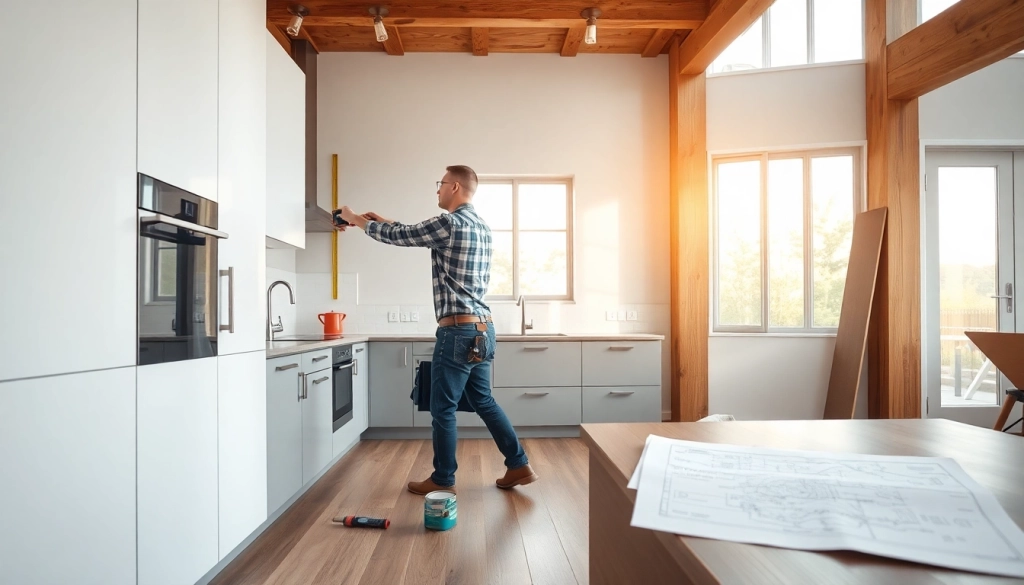 Home renovation contractor measuring a wall in a modern kitchen during a project.