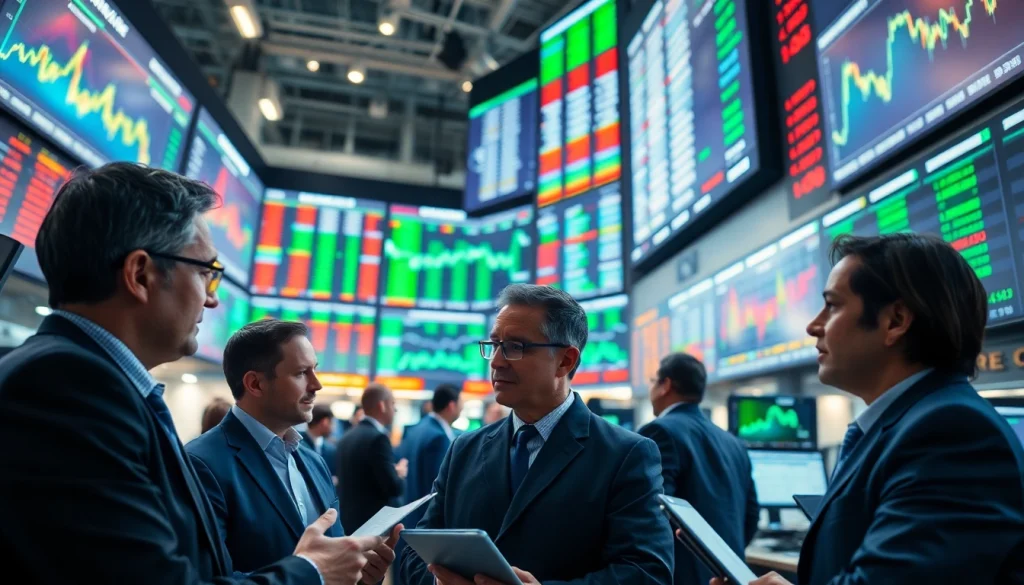 Explore ore brokers negotiating trades in a vibrant trading environment with digital market displays.