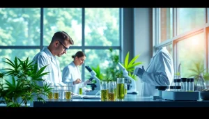 Modern lab analyzing win55 cannabinoid samples with scientists.