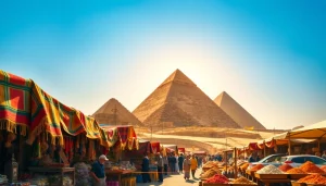 Explore colorful stalls in Cairo's market near the pyramids at https://emegypt.net.