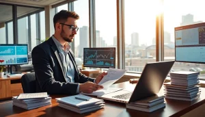 Księgowość dla firmy transportowej w nowoczesnym biurze, księgowy analizujący dane finansowe.