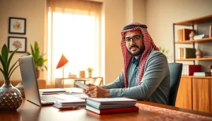 Traducteur assermenté arabe traduisant des documents dans un environnement de bureau professionnel.