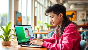 Stunning whatsapp profile photo editing scene in a stylish café.