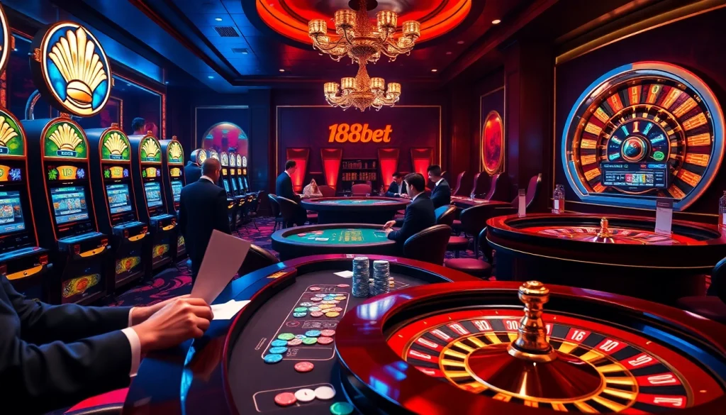 Engaging players explore kèo 188bet at a luxurious casino filled with vibrant gaming tables and machines.