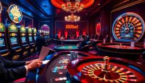 Engaging players explore kèo 188bet at a luxurious casino filled with vibrant gaming tables and machines.