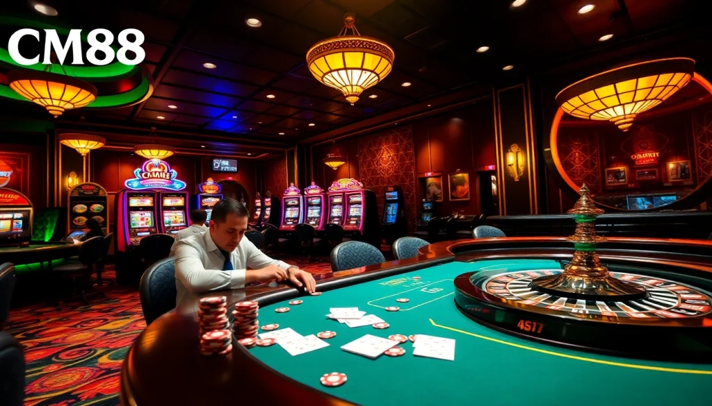 Exciting casino gameplay scene featuring CM88 branded poker chips and tables.