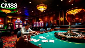 Exciting casino gameplay scene featuring CM88 branded poker chips and tables.