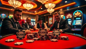 GO8 poker players engaging in an intense high-stakes game surrounded by casino excitement.