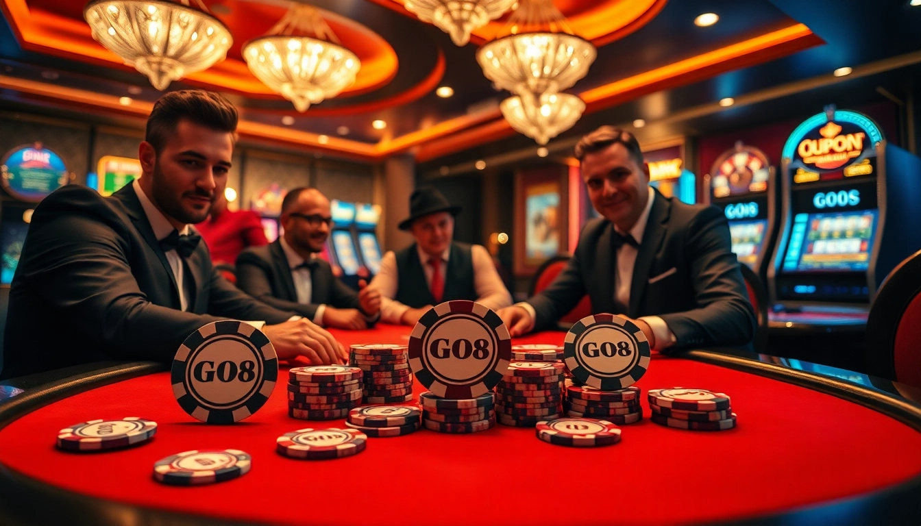 GO8 poker players engaging in an intense high-stakes game surrounded by casino excitement.