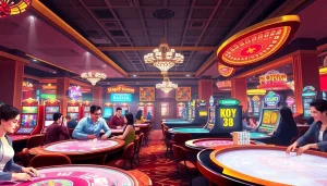 1win heftelik teklifer təqdim edən canlı kazino atmosferası ilə oyunçular.