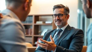 Engaging eminent domain lawyer consulting clients in a bright, modern office setting.