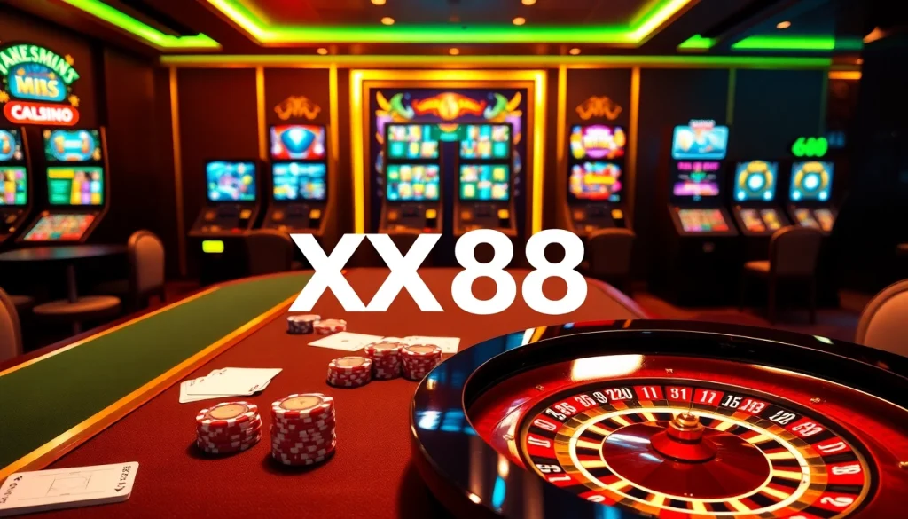 Engage with the thrilling atmosphere of XX88 while playing at a stylish poker table in a luxe casino.