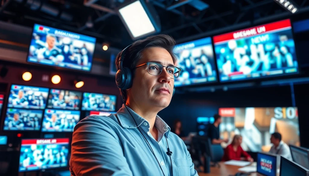 Journalist breaking news for Usa Today in a vibrant newsroom environment.