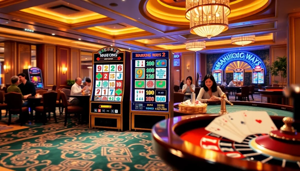 Pemain yang terlibat dalam permainan slot Mahjong Ways 2, menampilkan kegembiraan dan antisipasi di kasino mewah.