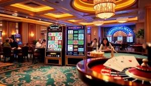 Pemain yang terlibat dalam permainan slot Mahjong Ways 2, menampilkan kegembiraan dan antisipasi di kasino mewah.