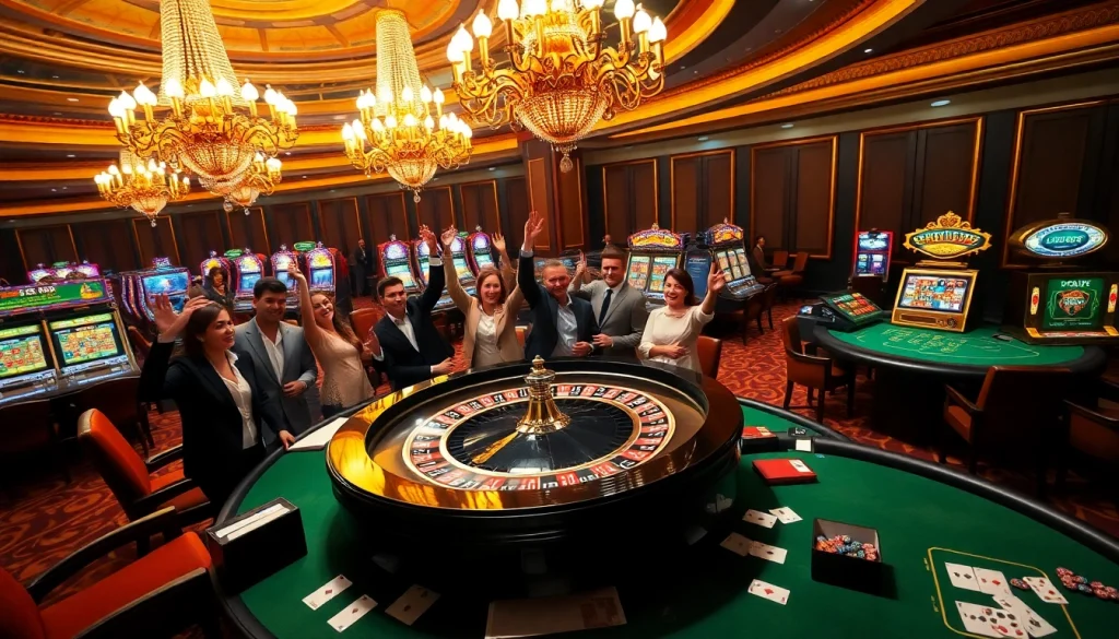 Exciting casino scene at https://febet8.com with roulette table and players celebrating wins.