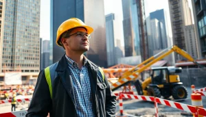 New York Construction Manager supervising a construction site with workers and equipment.