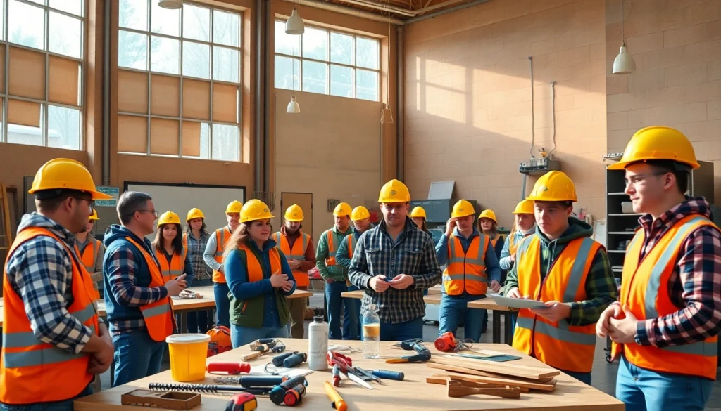 Students engaged in training at construction trade schools in texas, demonstrating practical skills and teamwork.