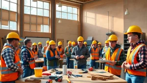 Students engaged in training at construction trade schools in texas, demonstrating practical skills and teamwork.