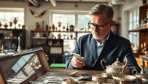 Zinn Ankauf Köln: Fachmann bewertet wertvolles Zinn in einem eleganten Geschäft.