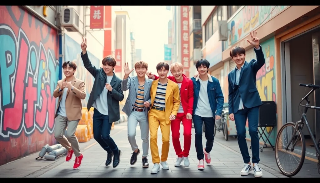 BTS members interacting joyfully in a vibrant urban setting, showcasing their dynamic personalities.