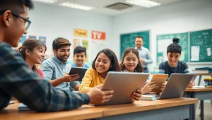 Interactive education environment with students collaborating and learning together.