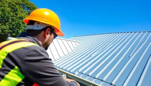 Installing a standing seam metal roof showcasing elegant metal panels and skilled craftsmanship.