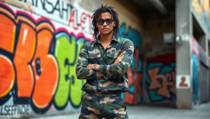 Katoen met legerprint outfit gepresenteerd in een stoere stadsomgeving.