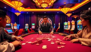 Experience thrilling gameplay at bk8thai with a vibrant casino scene featuring poker, roulette, and slot machines.