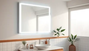 Reflective view of an elegant bathroom mirror above a stylish vanity, showcasing modern design.