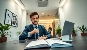 출장 meeting in a modern office setting with a businessperson engaged in work.