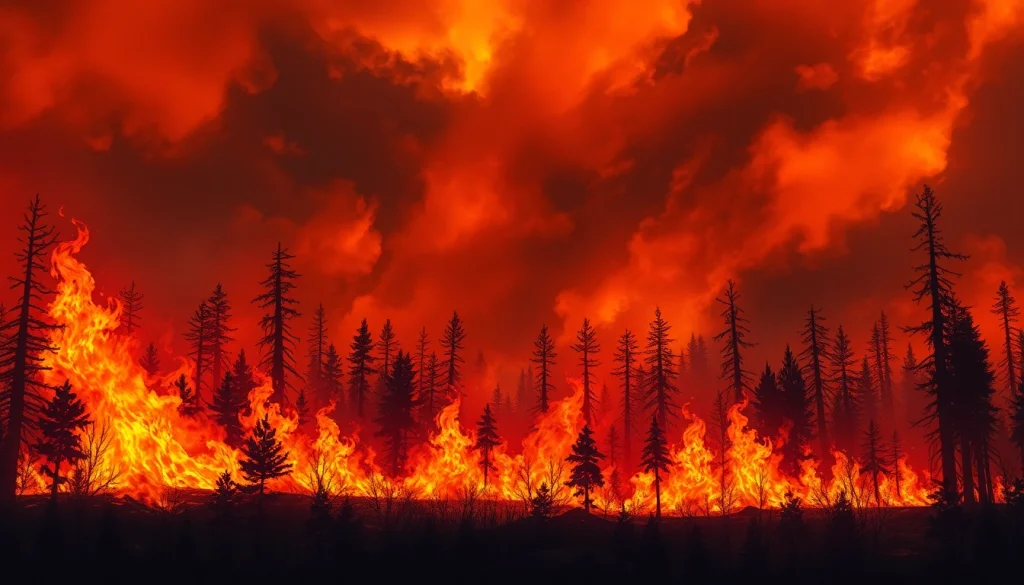 Witness wildfire events engulfing a forest, showcasing power and urgency in a stunning visual.